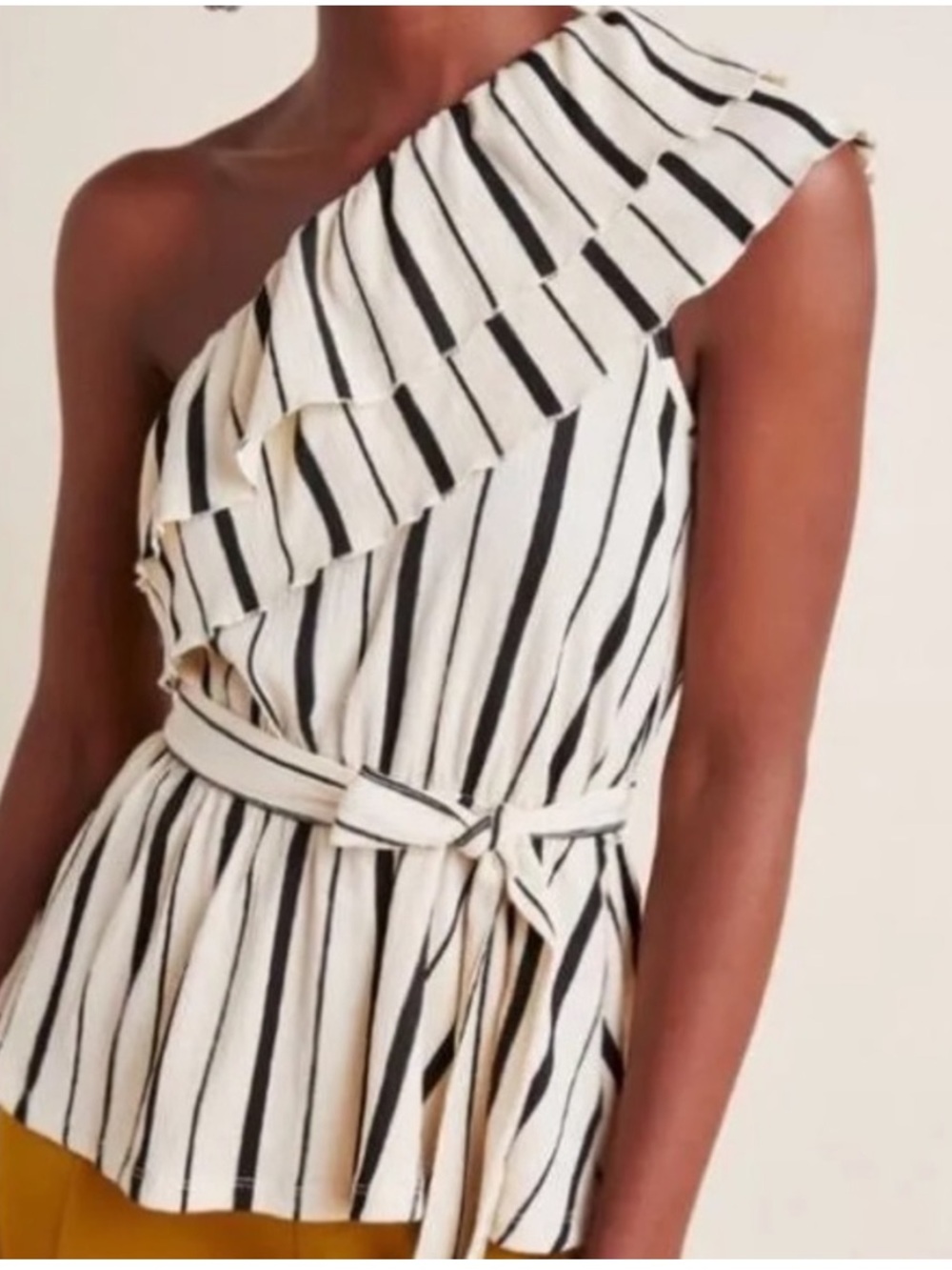 NWT Anthropologie Maeve Rita Black and Cream One Shoulder Ruffle Top Size S